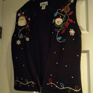 Ambra size M Black Christmas embellished embroidery pearl Vest silver zip front